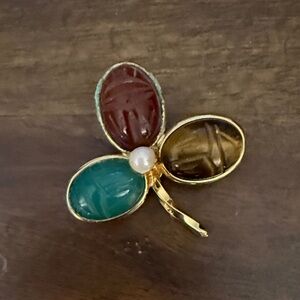 Gold-Tone Three-Stone Clover Pin with Teal, Brown & Maroon Stones